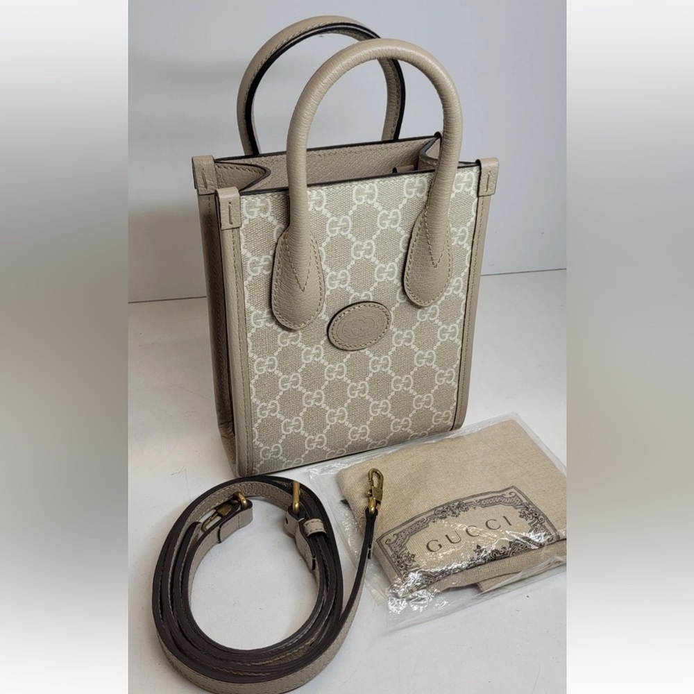 Gucci Interlocking G Beige Coated Canvas Mini 2 Way Tote Bag NWOT